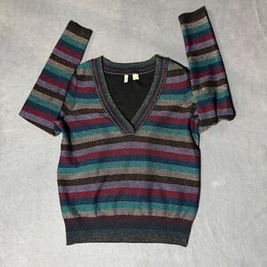 Moth Anthropologie Metallic Striped V-Neck Sweater Multicolor Shimmer Size M